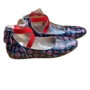 Monkey Feet Black Leather Firefighter Printed Strappy Ballet Flats Size 41 NEW